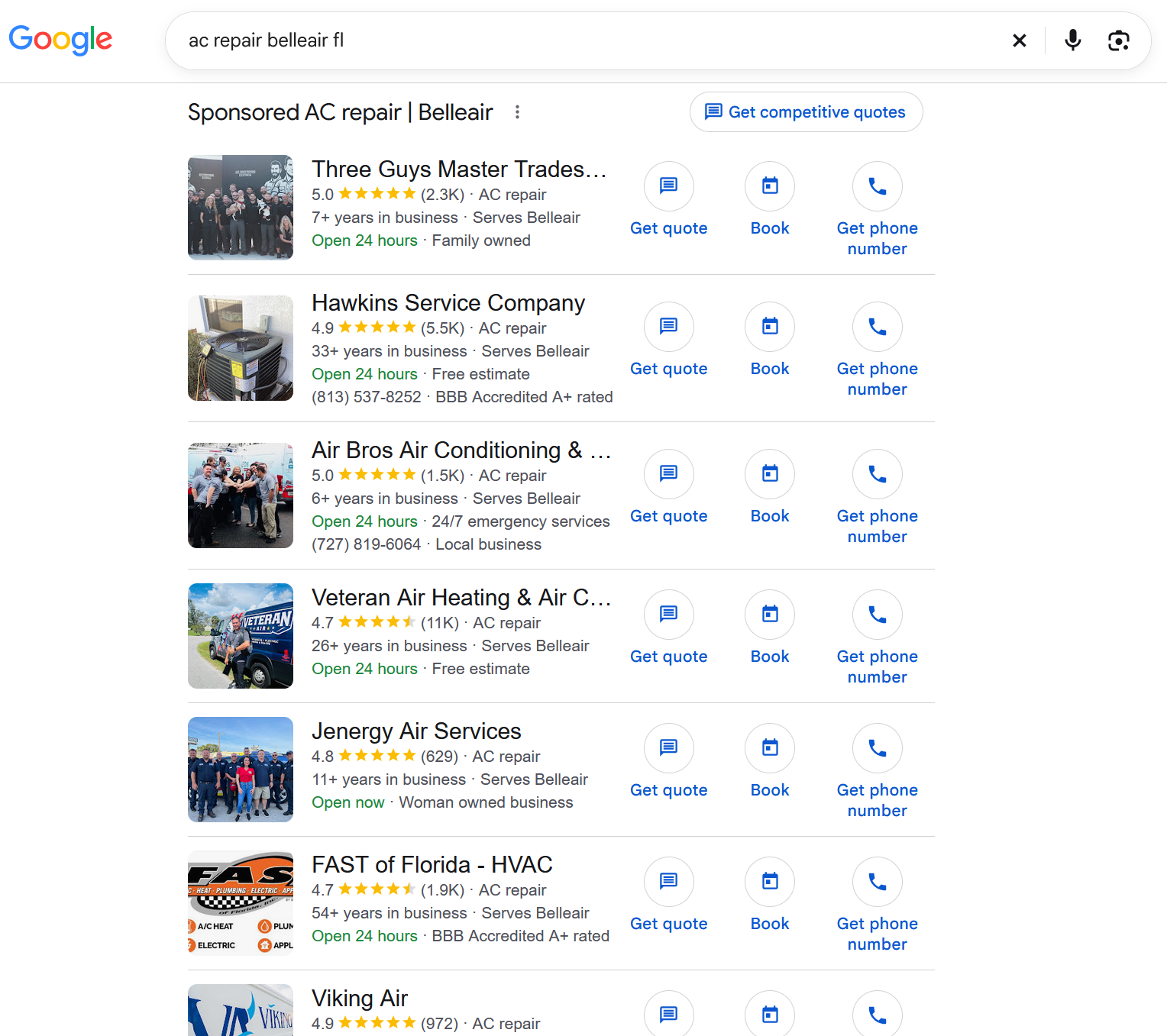 Google Local Services Ads results for AC repair in Belleair, FL — September 2026