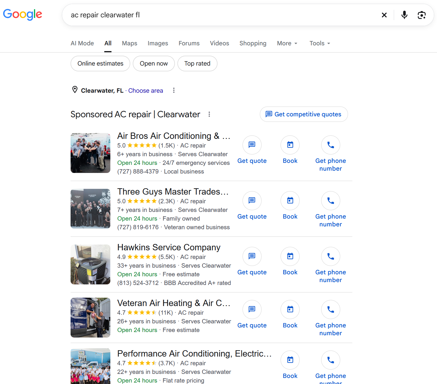 Google Local Services Ads results for AC repair in Clearwater, FL — September 2026