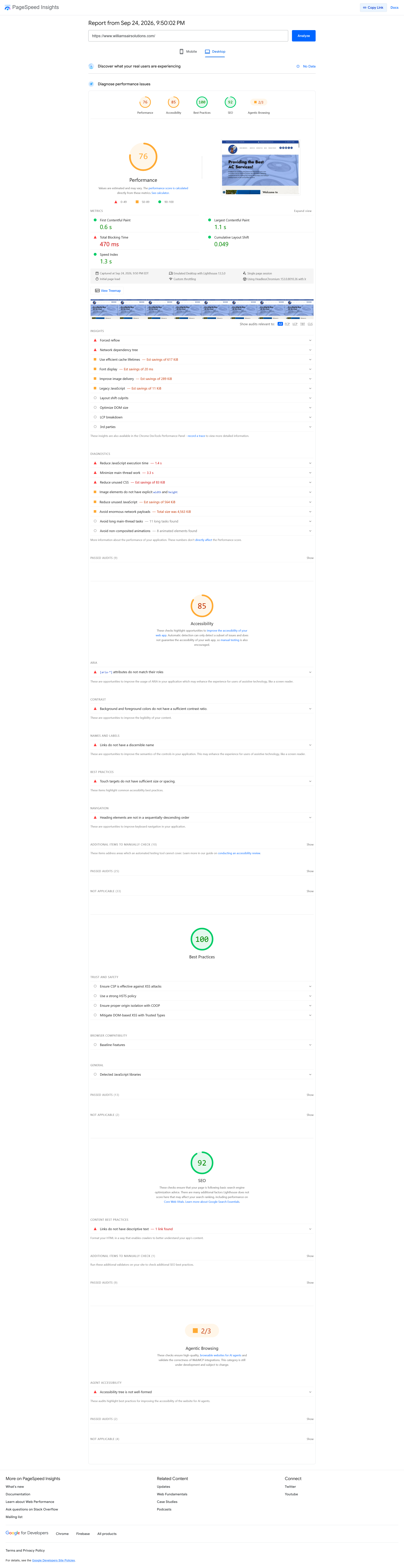 PageSpeed Insights report for current Williams Air Solutions website on desktop