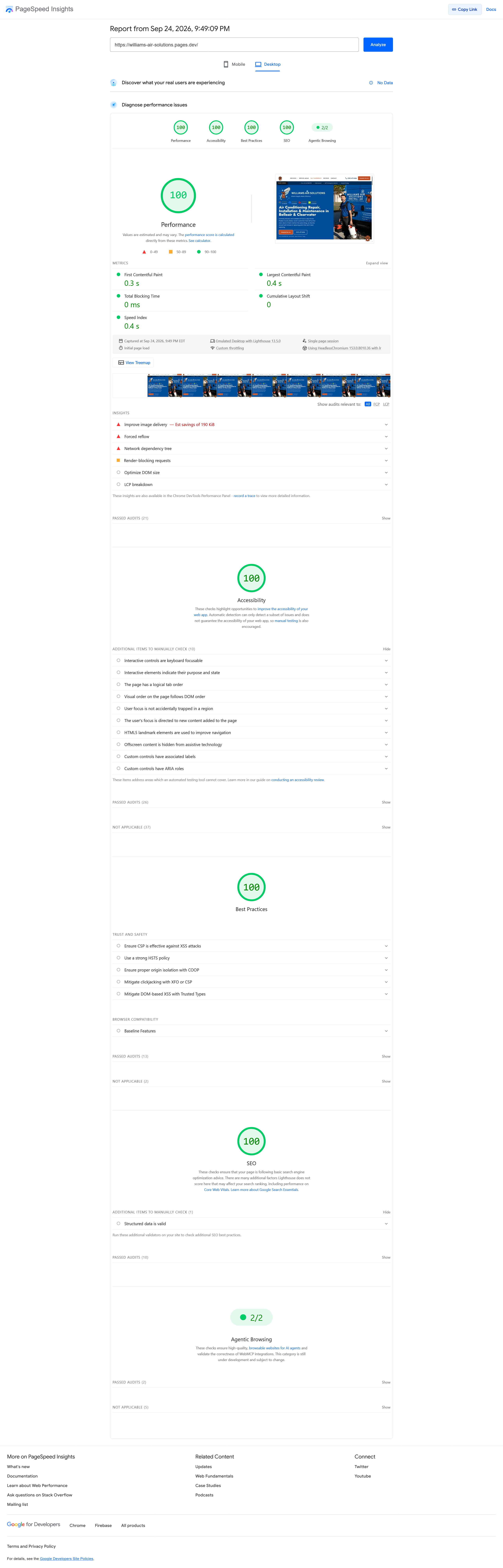 PageSpeed Insights report for rebuilt Williams Air Solutions website on desktop