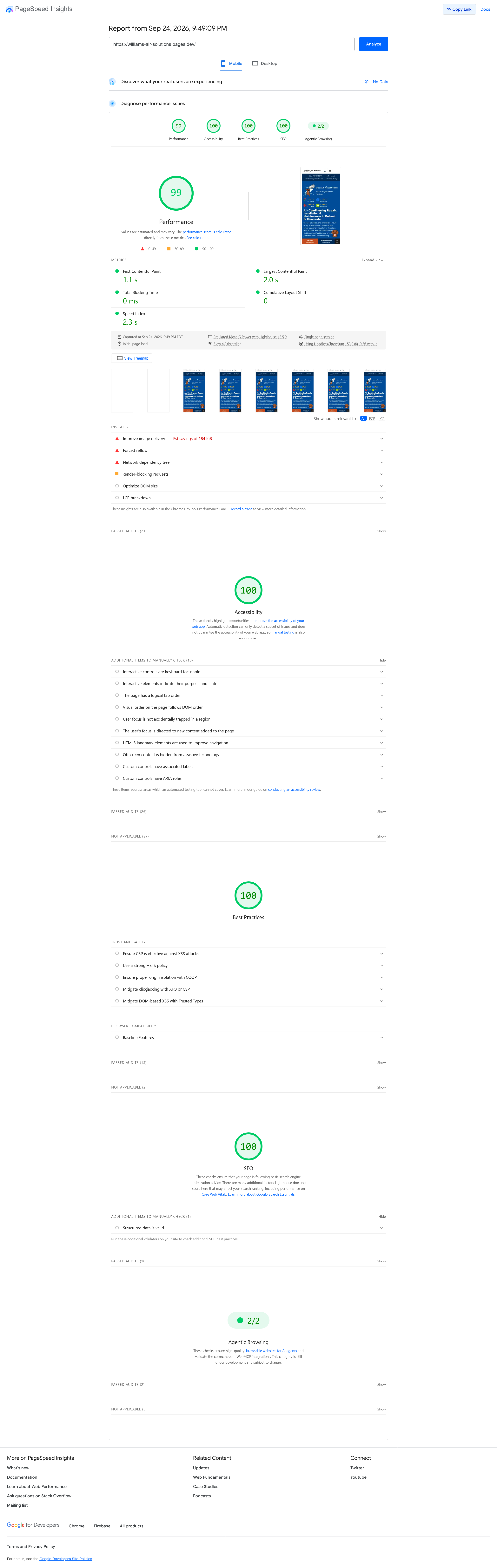 PageSpeed Insights report for rebuilt Williams Air Solutions website on mobile